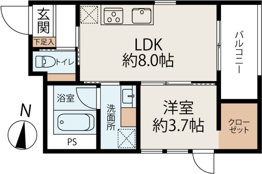 1LDK 37.53㎡（うちバルコニー4.97㎡）